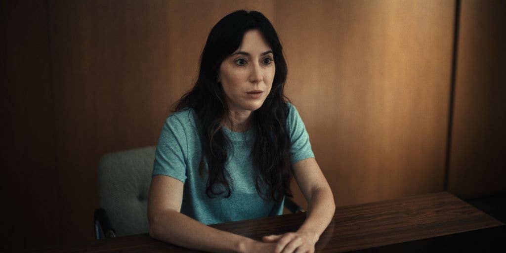 A woman with long dark hair sits at a wooden table, hands clasped, wearing a teal shirt.