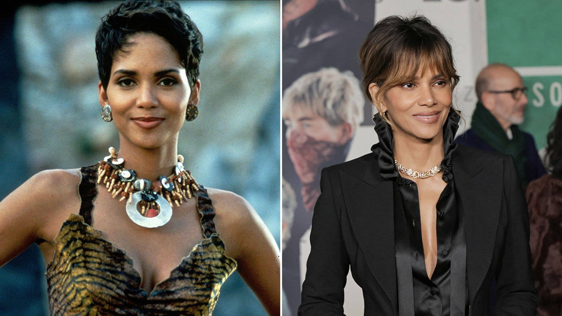 Two photos of Halle Berry, one in a tiger print dress, the other in a black blazer.