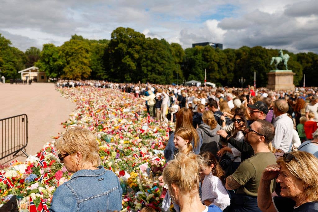 Large crowd in park with flowers and flags, no celebrities detected.