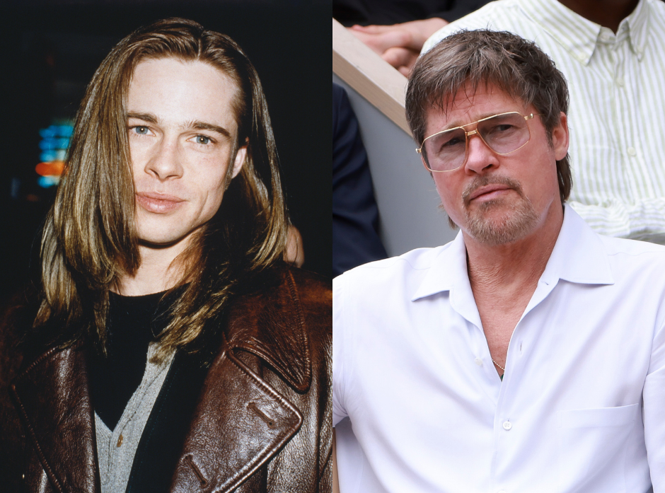 Split image of Brad Pitt shown in 1994 with long hair and in 2026 with short hair, a beard and oversized glasses.