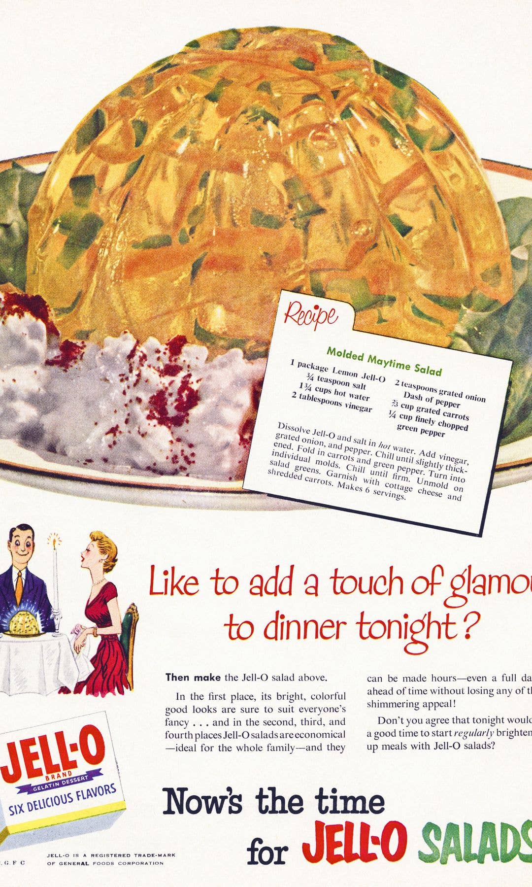 Advertisement for Jell-O salad featuring a man and woman at a dinner table.