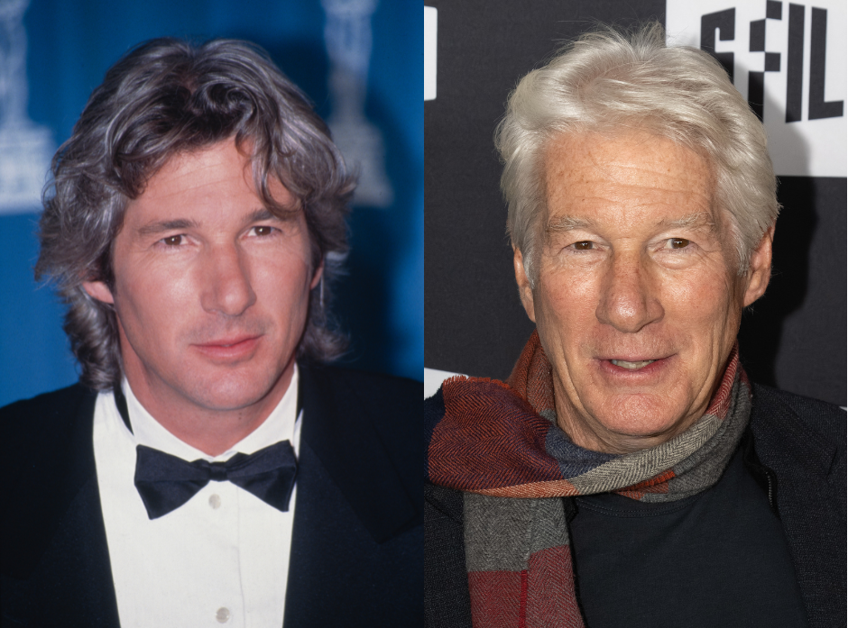 Split image of Richard Gere, shown in 1993 in a suit and bow tie, and in 2025 wearing a patterned scarf.