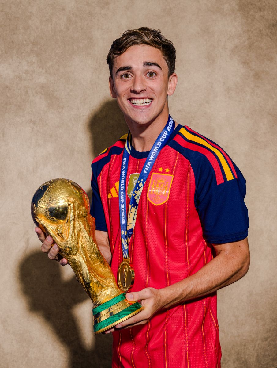 EAST RUTHERFORD, NEW JERSEY - JULY 19: (EXCLUSIVE COVERAGE; EDITOR'S NOTE: This image has been digitally altered.) Gavi #9 of Spain poses for a portrait with the FIFA World Cup Winner's Trophy after the FIFA World Cup 2026 Final match between Spain and Argentina at New York New Jersey Stadium on July 19, 2026 in East Ru therford, New Jersey. (Photo by Ryan Pierse - FIFA/FIFA via Getty Images)