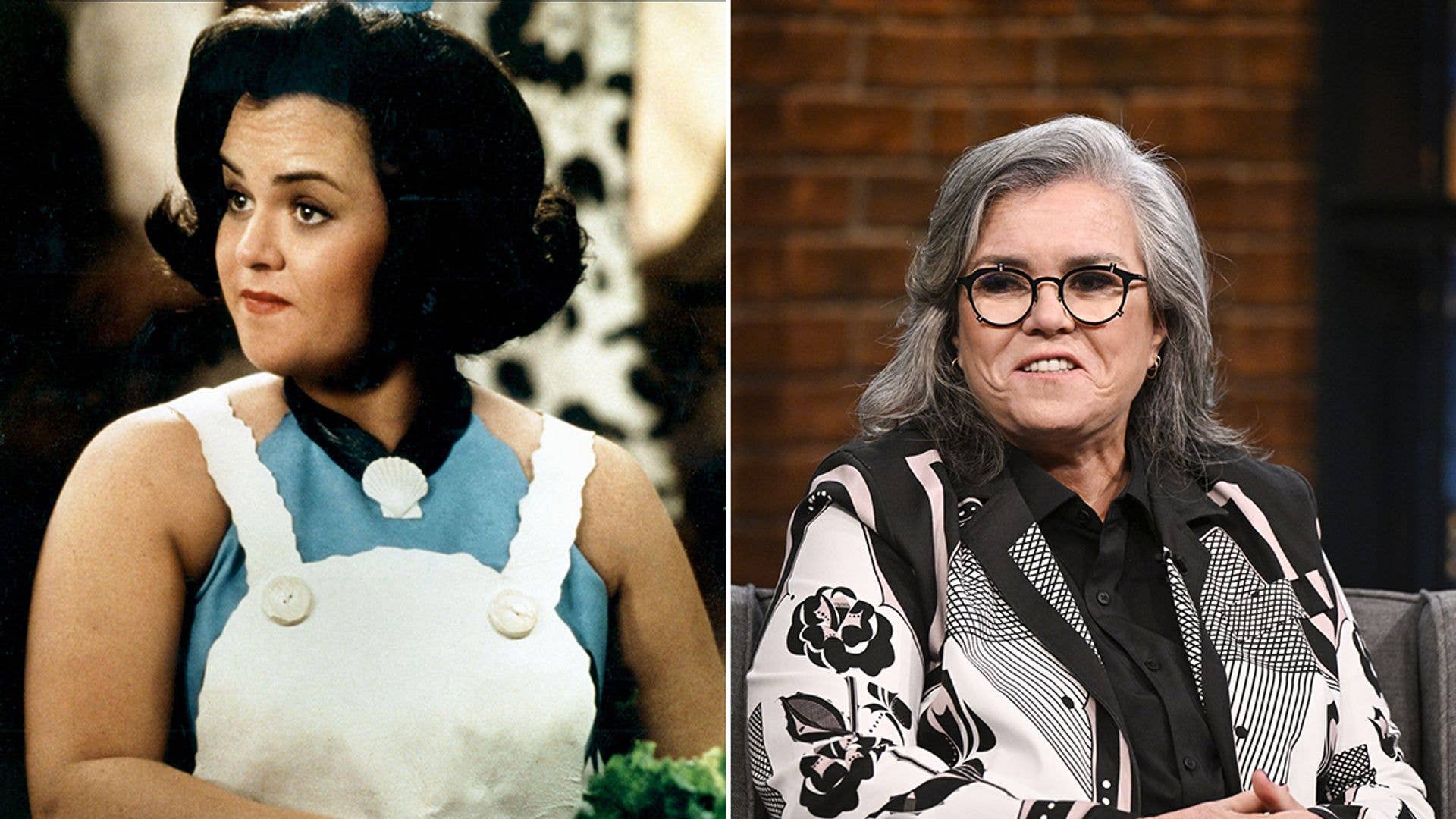 Rosie O'Donnell in two photos: one in a white apron, another in a black and white patterned jacket.