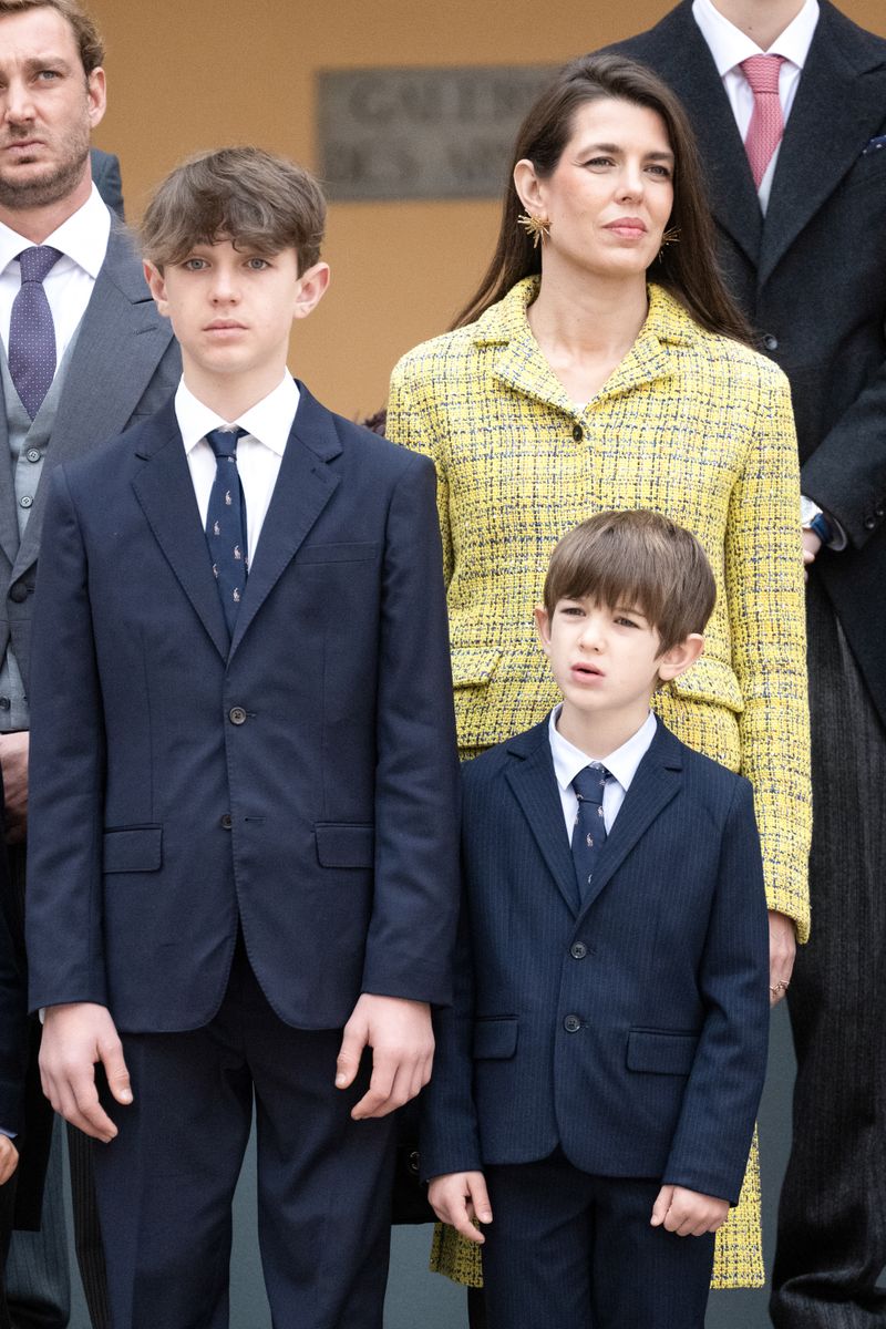 Raphael Elmaleh, Balthazar Casiraghi-Rassam, and Charlotte Casiraghi attends the Monaco National Day 2025