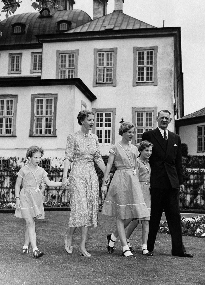 Queen Ingrid and King Frederik IX with their daughters Princess Benedikte, Princess Anne-Marie and Princess Margrethe at Fredensborg Palace on June 8, 1953. Ingrid's connection to Southern Jutland and its children is a legacy Benedikte continues today.
