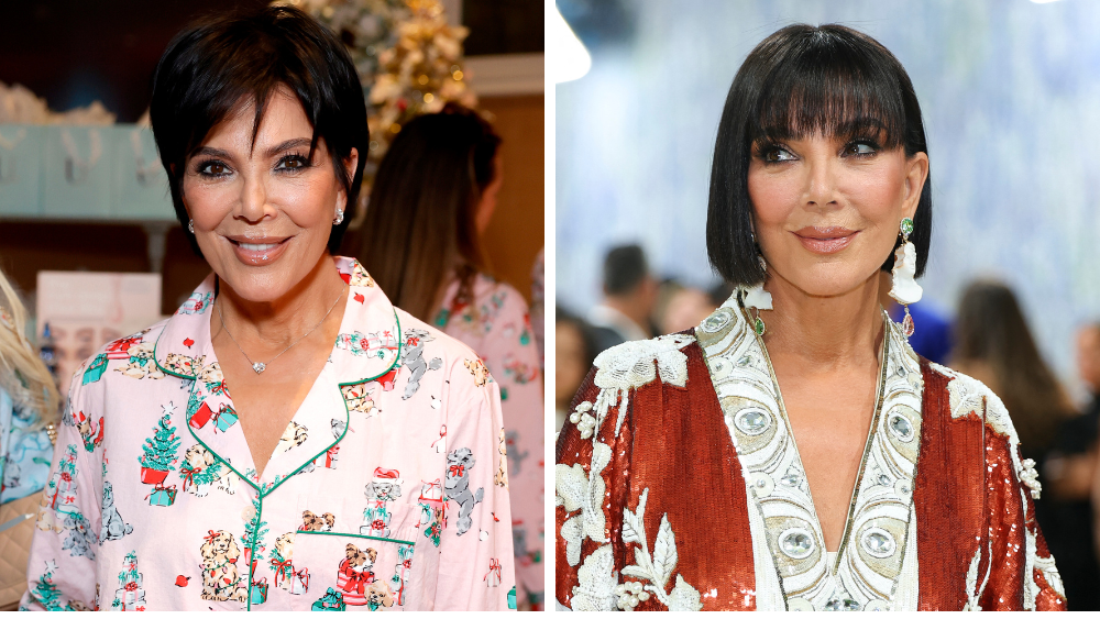 Kris Jenner in two outfits: pink pajamas with her hair in a short crop, and a red, white, and gold dress with her hair in a bob