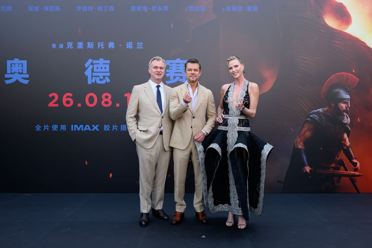 Christopher Nolan, Matt Damon and Charlize Theron attend Universal Pictures THE ODYSSEY Beijing Red Carpet Meet & Greet at Universal CityWalk