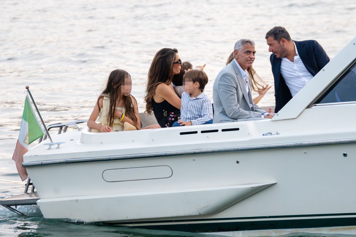 The Clooney family arrived at Villa Passalacqua for an evening benefiting the Clooney Foundation for Justice.