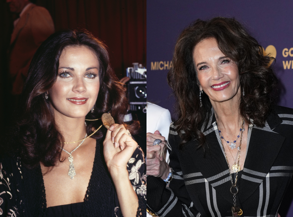 Split image of Lynda Carter. Seen in 1979 and 2026.