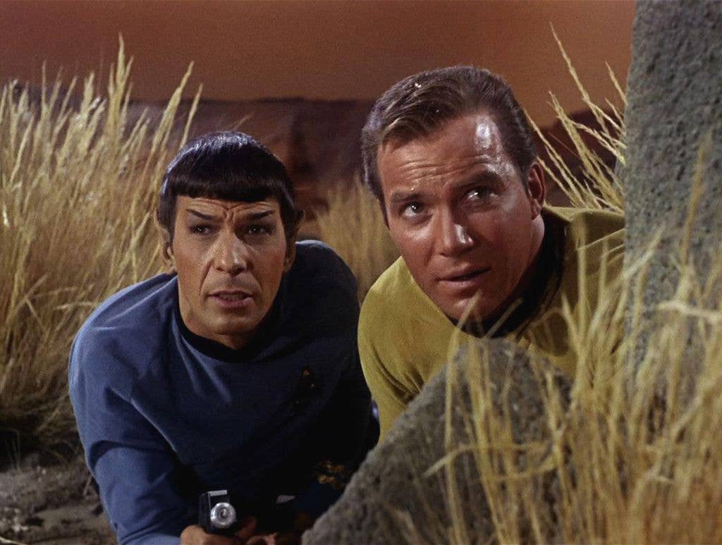 American actor Leonard Nimoy as Mr. Spock and Canadian actor William Shatner as Captain James T. Kirk appear in a scene from 'The Man Trap,' the premiere episode of 'Star Trek,' which aired on September 8, 1966