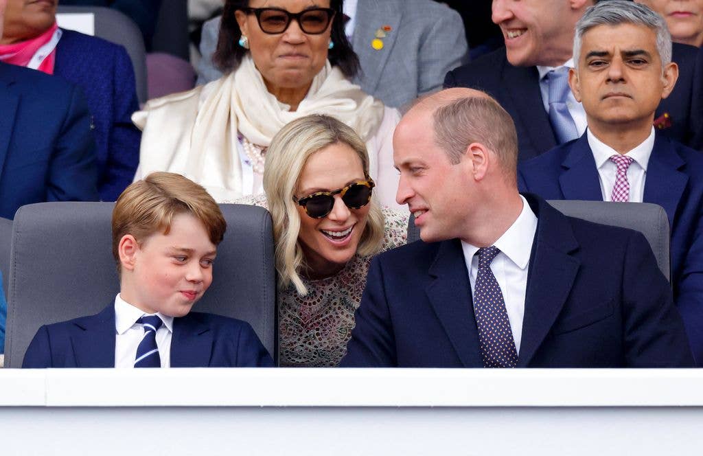 Prince George of Cambridge, Zara Tindall and Prince William, Duke of Cambridge attend the Platinum Pageant on The Mall