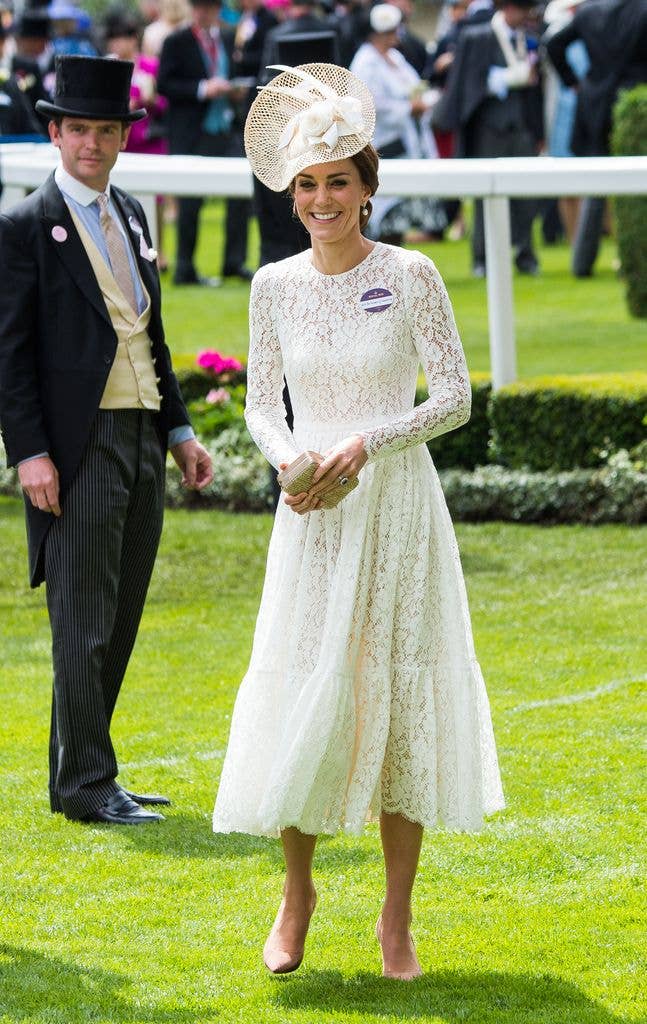 The then-Duchess of Cambridge looked lovely in lace as she made her Royal Ascot debut, wearing a white dress from Dolce & Gabbana.