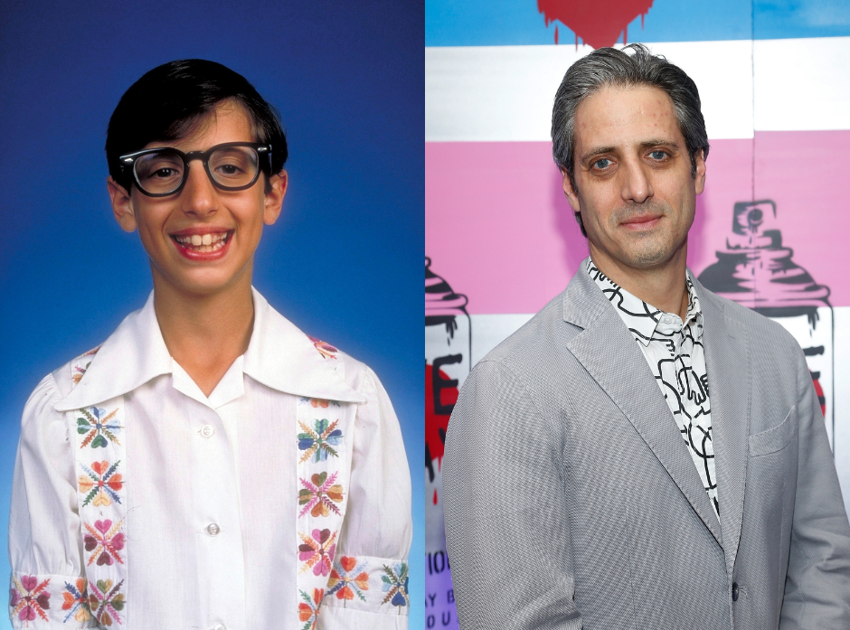 Split image of John Saviano as a young boy with glasses in a white shirt in The Wonder Years and as a grown man in a grey jacket.