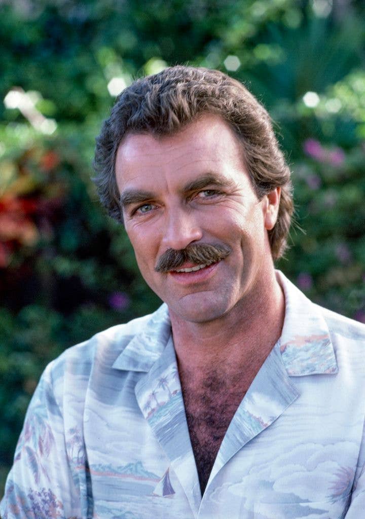 Tom Selleck in Magum P.I with a moustache and hawaiian shirt