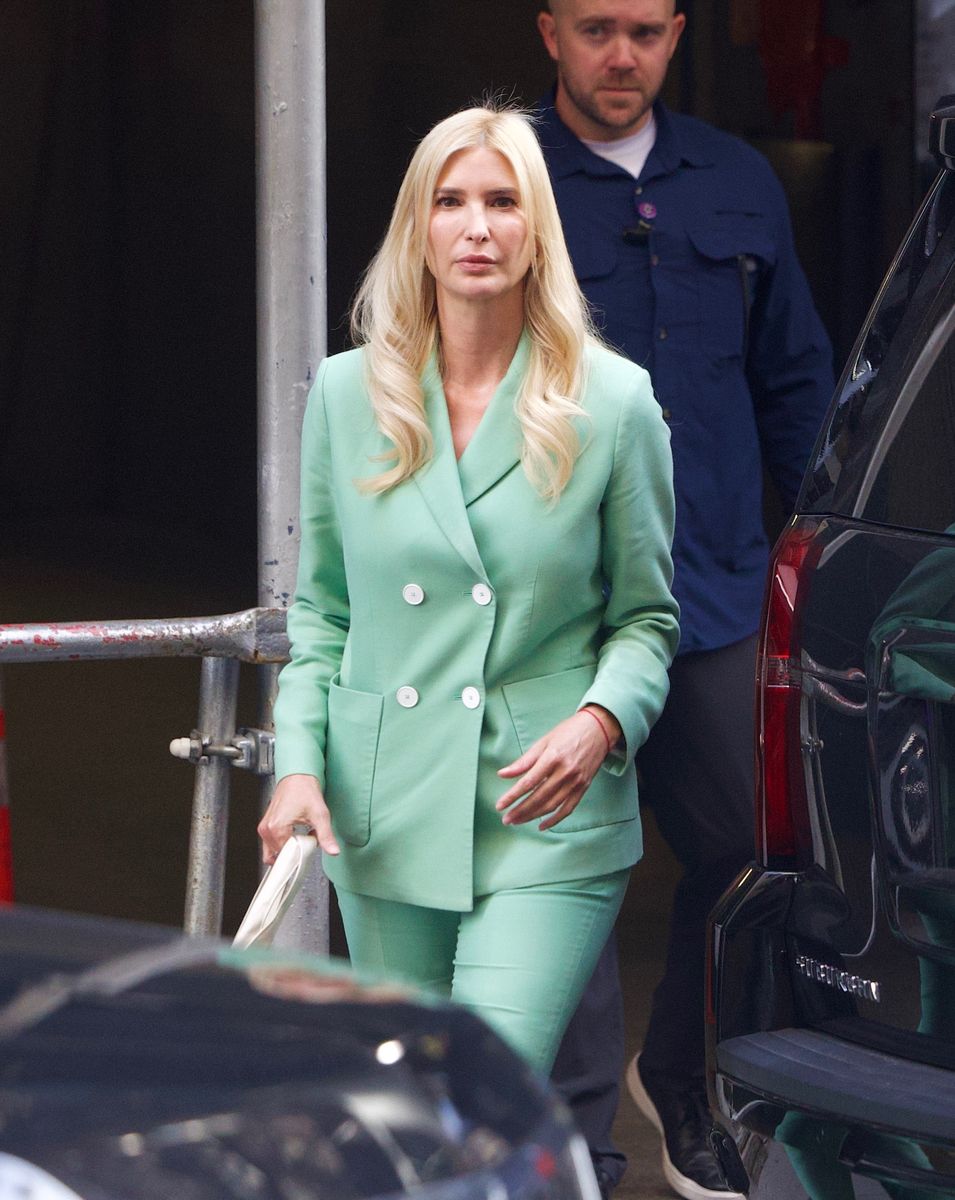 Ivanka Trump steps out in New York City wearing a pale green Sandro pantsuit following a business meeting in Manhattan.