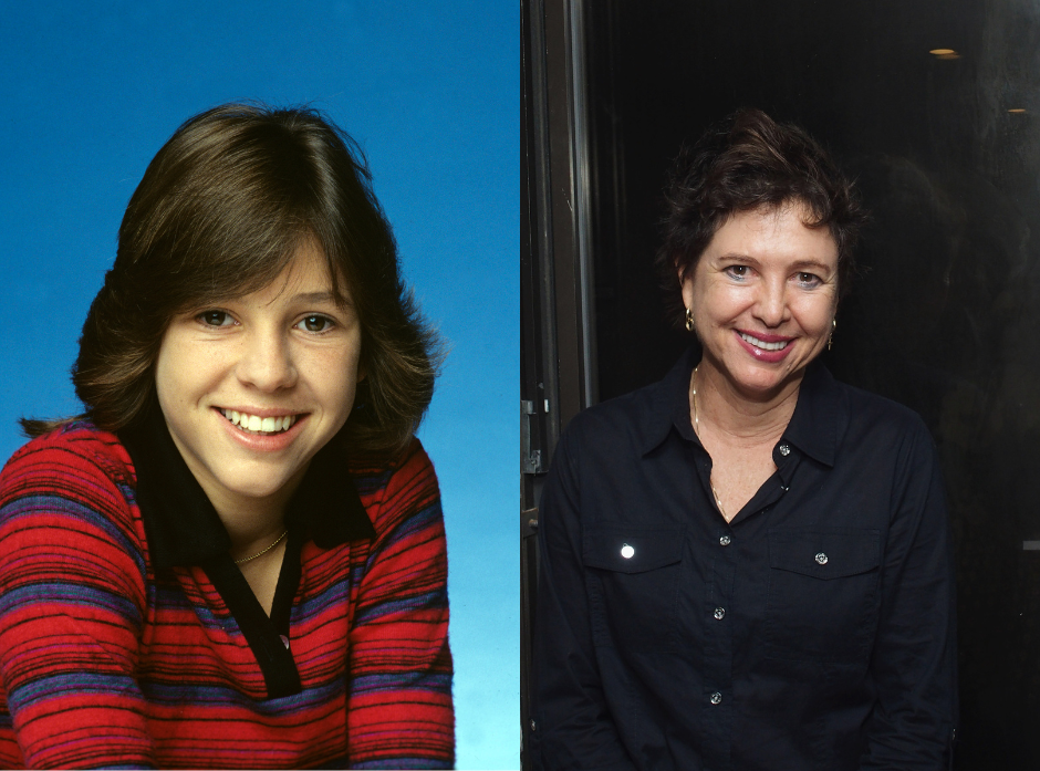 Split image of Kristy McNichol. On the left, in 1977 wearing a red jumper with purple stripes against a blue background. On the right, in 2019 at the Chiller Theatre Expo.