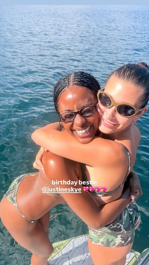 Hailey and Justine twinning in camo print bikini