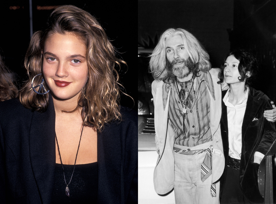 Split image showing Drew Barrymore in 1989 and her parents, John and Jaid, in 1973.
