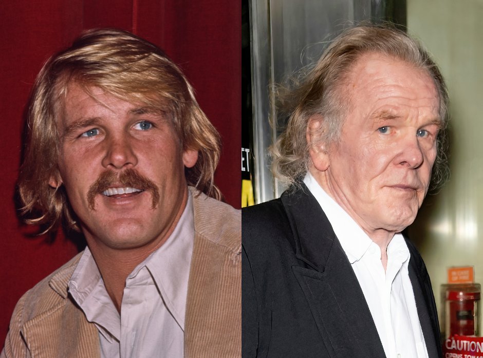 Split image of Nick Nolte. On the left, wearing a beige corduroy jacket over a white shirt with an open collar, with a red curtain in the background, United States, circa 1977. On the right, seen arriving to The World Premiere of 'Rittenhouse Square' during The 31st Philadelphia Film Festival on October 23, 2022.