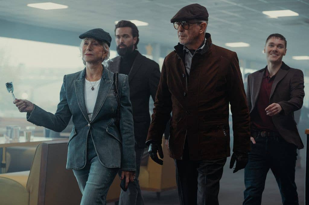 Helen Mirren as Maeve Harrigan, Emmett J Scanlan as Paul, Pierce Brosnan as Conrad Harrigan and Jack Archer as Fergus 