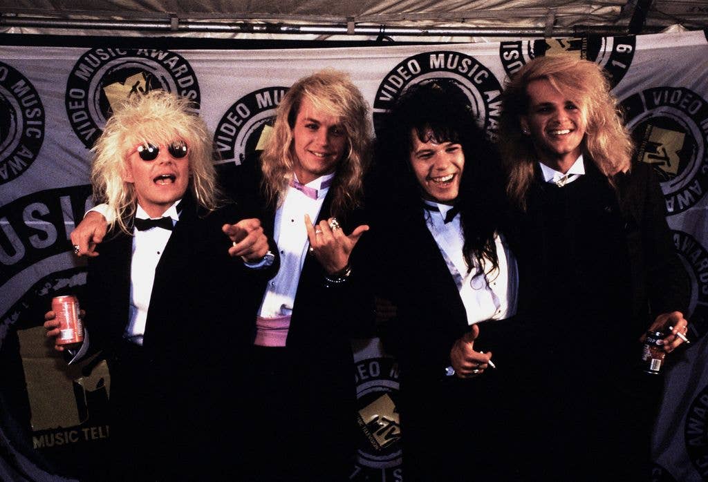 Members of Poison: (L to R) C.C. Deville, Brett Michaels, Bobby Dall and Rikki Rockett backstage at the Mtv Awards Show, September 13, 1987 in Los Angeles,California.