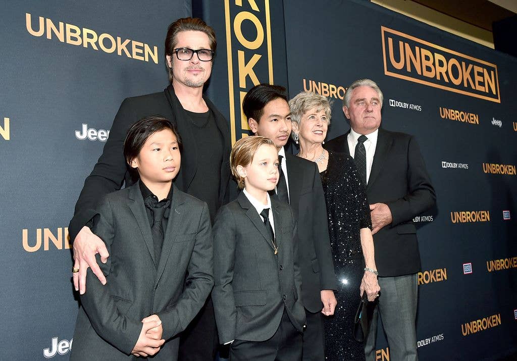 Brad Pitt (C), (L-R) Pax Thien Jolie-Pitt, Shiloh Nouvel Jolie-Pitt,, Maddox Jolie-Pitt, Jane Pitt, and William Pitt attend the premiere of Universal Studios' "Unbroken" at TCL Chinese Theatre on December 15, 2014 in Hollywood, California
