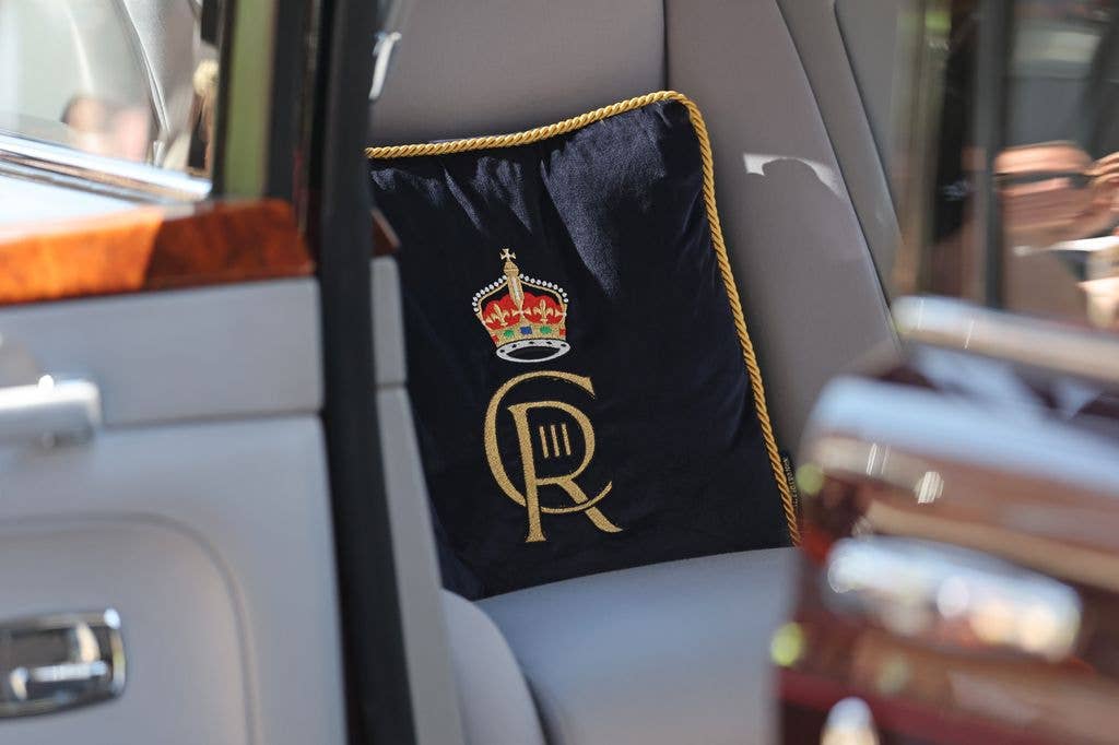 A general view of a cushion in the car of King Charles III,