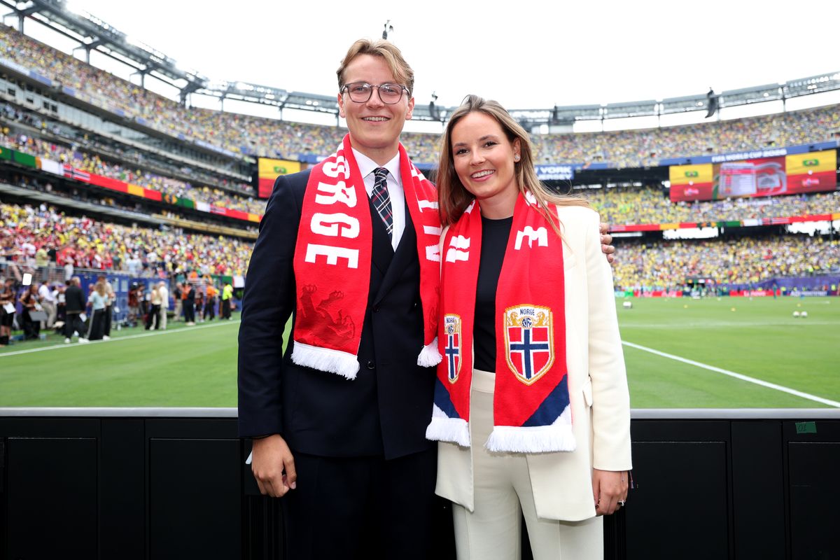 Princess Ingrid Alexandra of Norway and Prince Sverre Magnus of Norway pose for a photograph before the FIFA World Cup 2026 Round Of 16 match between Brazil and Norway at New York New Jersey Stadium on July 05, 2026