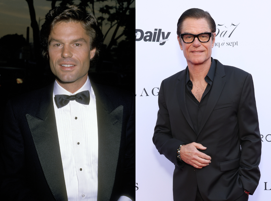 Split image of Harry Hamlin. On the left in 1987, on the right in 2024.