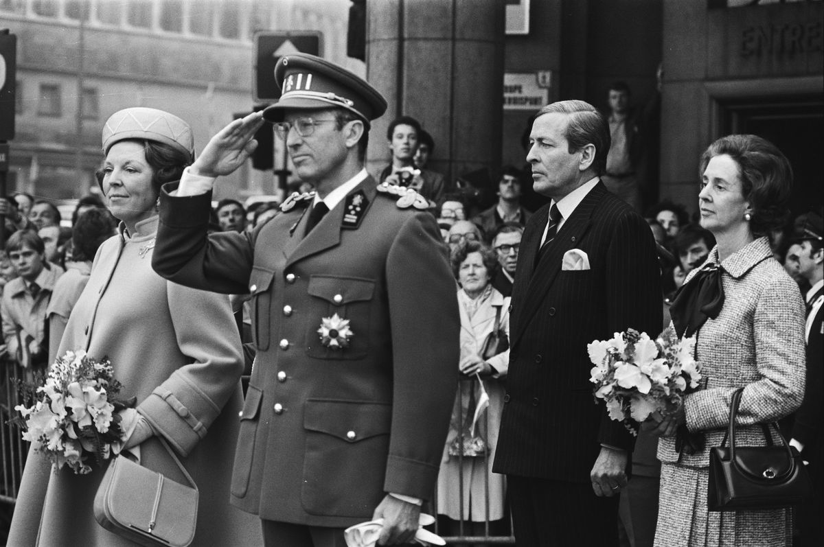 Queen Beatrix and Prince Claus during a state visit to Belgium in 1981, one year after Beatrix ascended the Dutch throne.