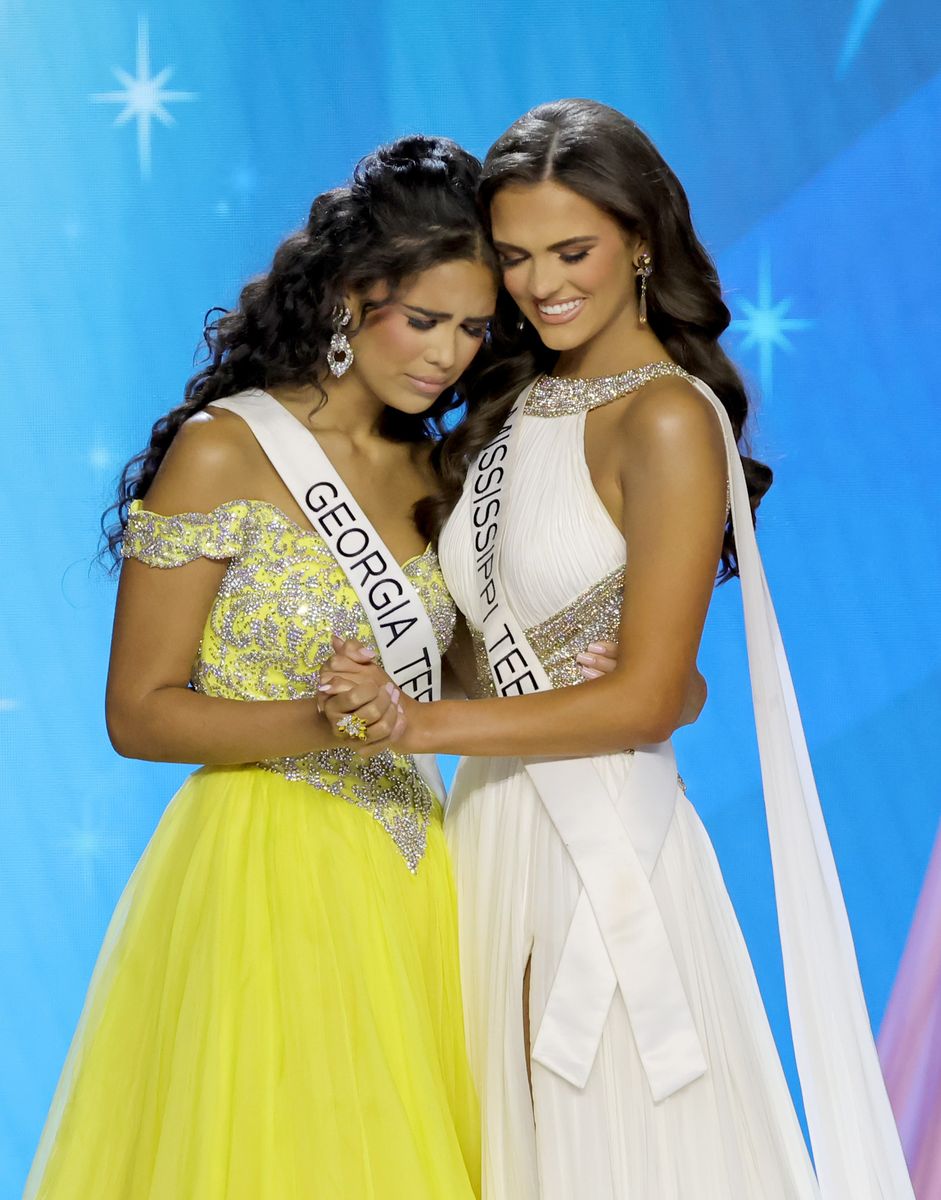 Ava Colindres, Miss Georgia Teen USA and Addie Carver, Miss Mississippi Teen USA onstage during the 73rd Annual Miss Teen USA Pageant