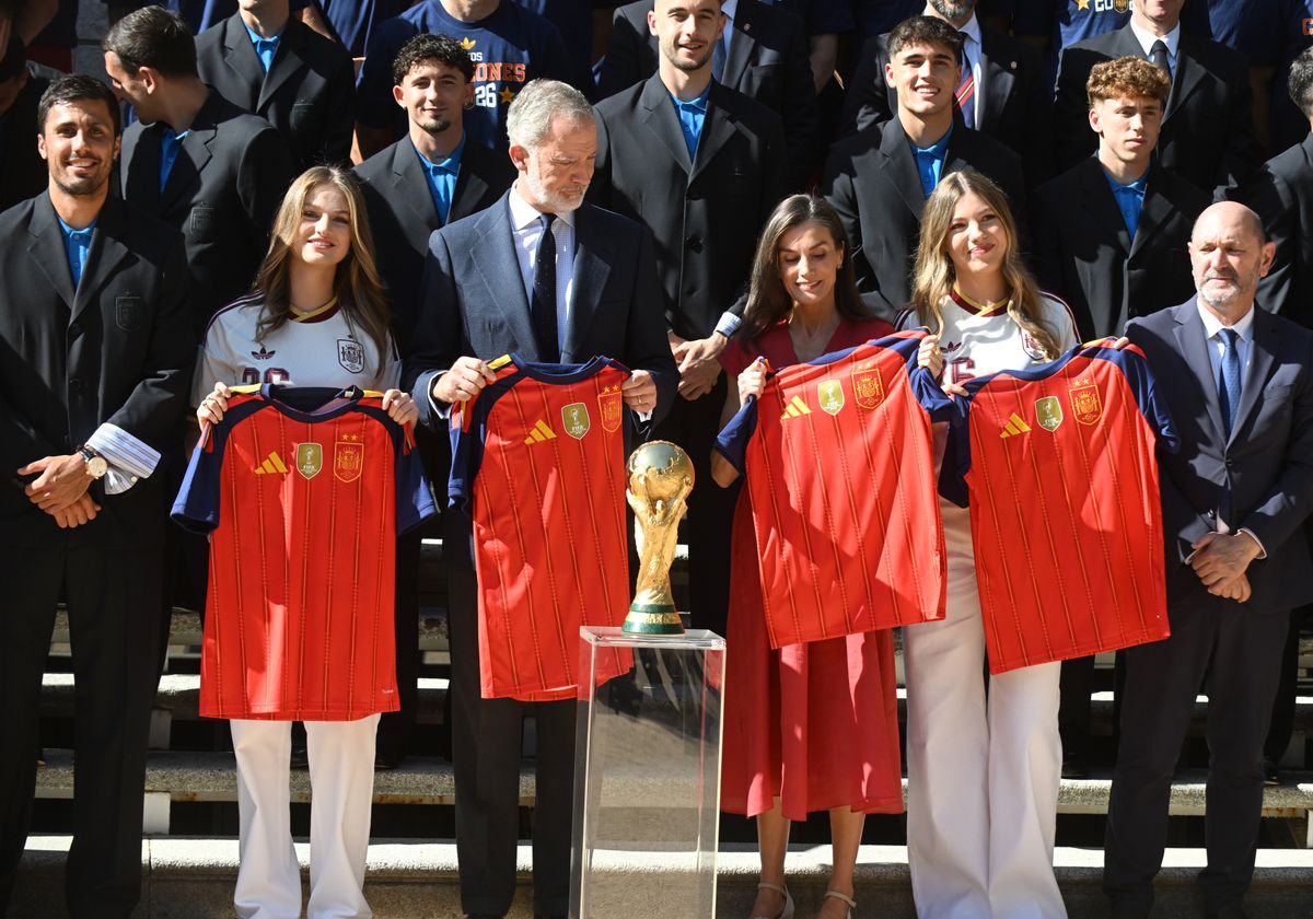 King Felipe VI and Queen Letizia, Princess Leonor and Infanta Sofia, during the audience with the Spanish national football team following their victory over Argentina