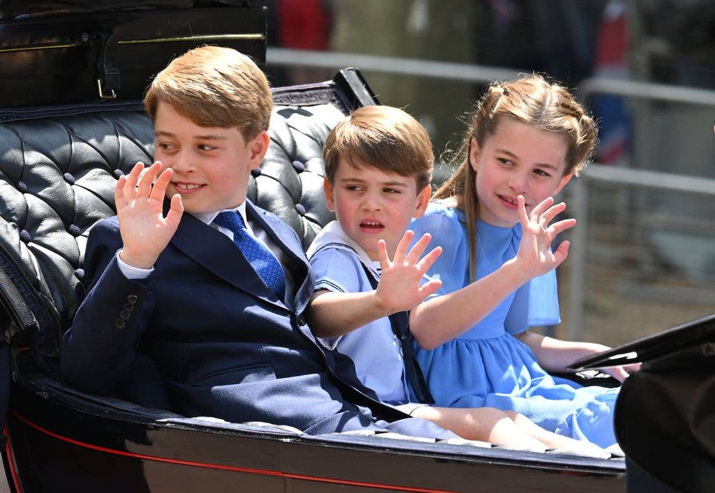 Prince George, Prince Louis and Princess Charlotte in the carriage procession at Trooping the Colour during Queen Elizabeth II Platinum Jubilee