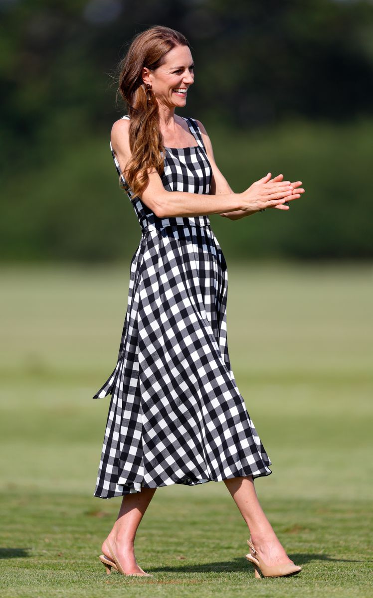 Kate embraced a timeless black-and-white palette in a checked Temperley London dress at the Royal Charity Polo Cup on July 10, 2026.