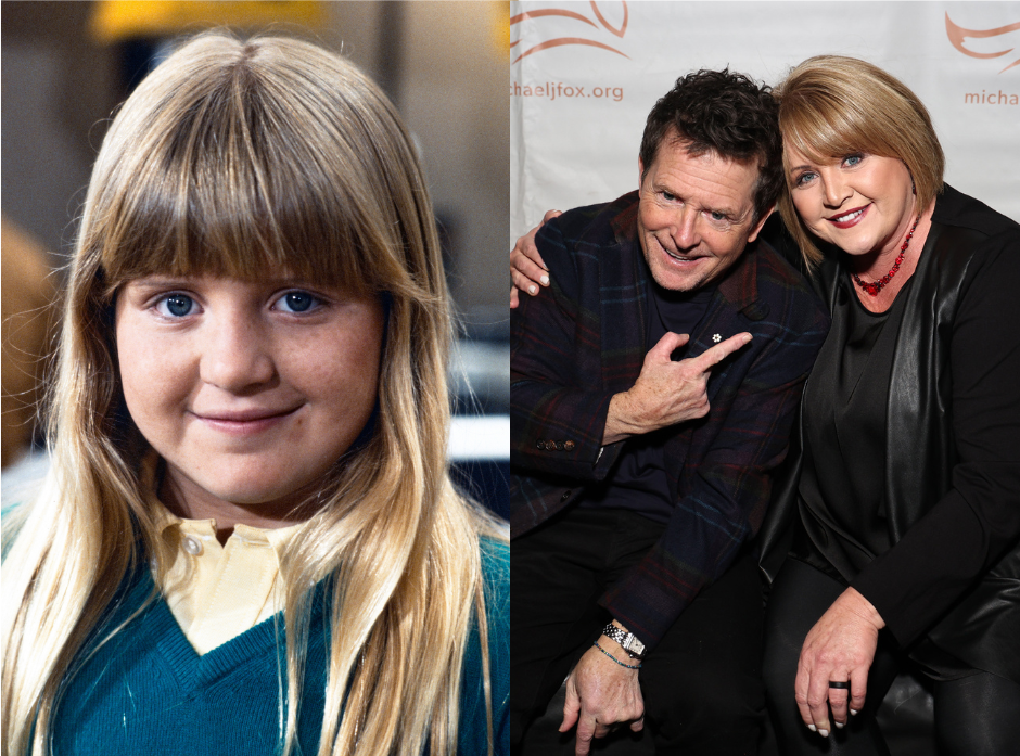 Split image of Tina Yothers. On the left as a childhood actress in 1984, on the right with Michael J Fox in 2023.