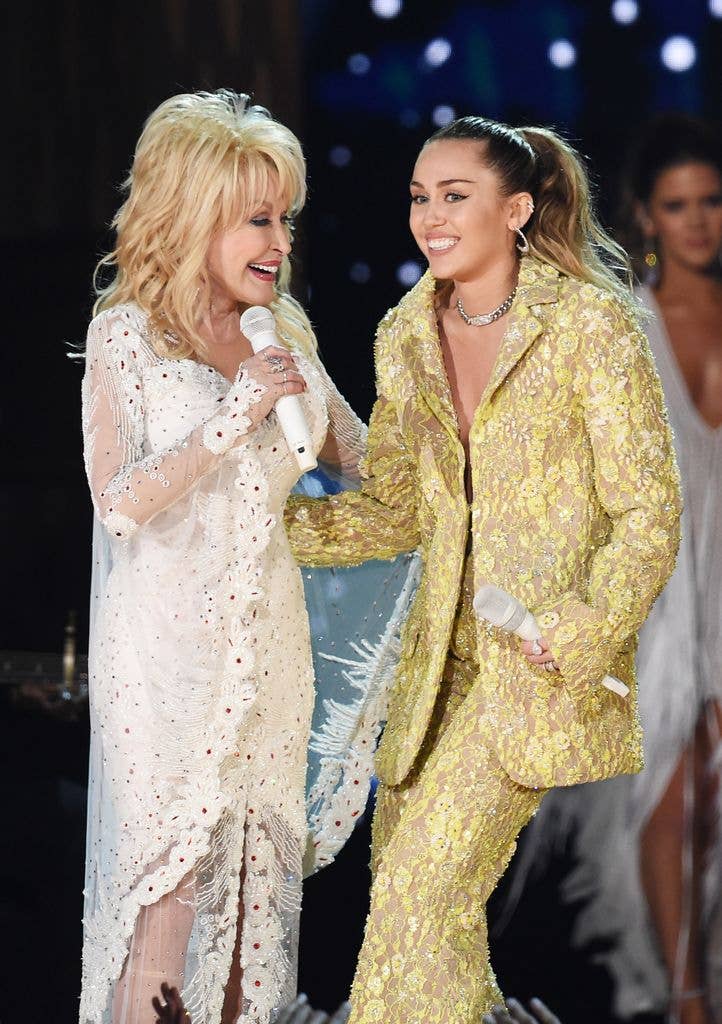 Dolly Parton (L) and Miley Cyrus perform onstage during the 61st Annual GRAMMY Awards at Staples Center on February 10, 2019 in Los Angeles, California.