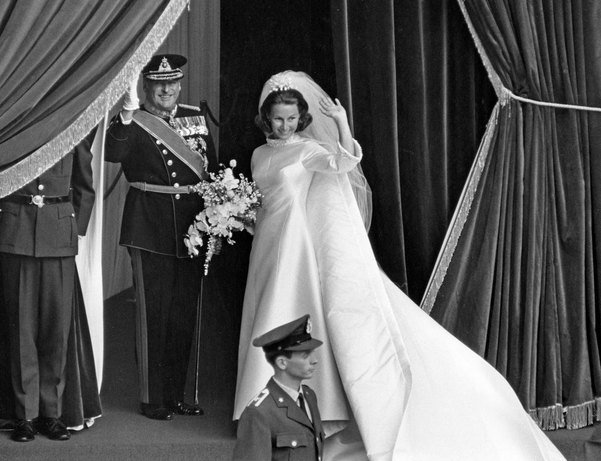 Crown Prince Harald and Sonja Haraldsen married at Oslo Cathedral on August 29, 1968, after waiting nine years for royal approval.