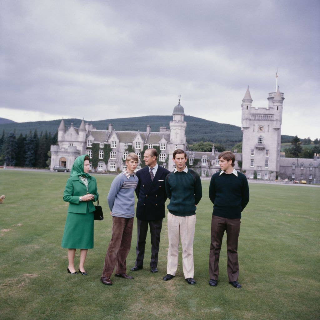 Queen Elizabeth II with Prince Philip, the Duke of Edinburgh (1921 - 2021) and their sons Prince Edward (second from left), Prince Charles (second from right) and Prince Andrew (right) in the grounds of Balmoral Castle