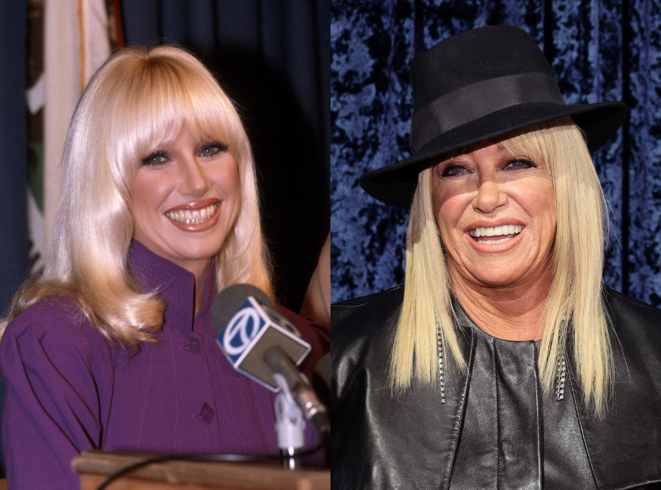 Split image of  Suzanne Somers. Seen in 1981 and 2022.