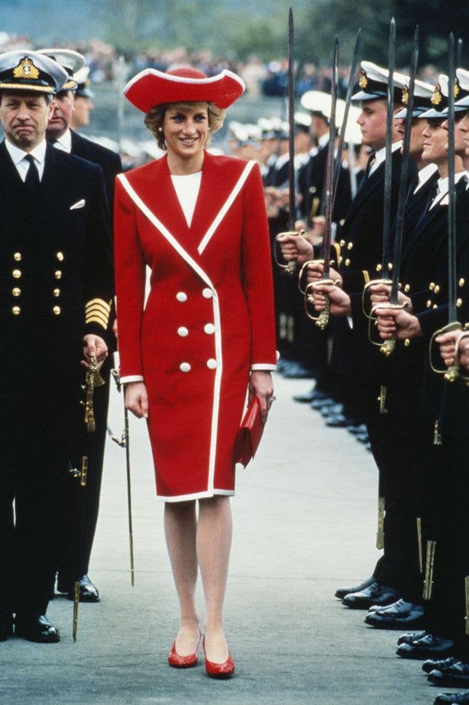Princess Diana wore a red Catherine Walker dress and Philip Somerville hat to the passing out parade at Dartmouth Royal Naval College in 1989
