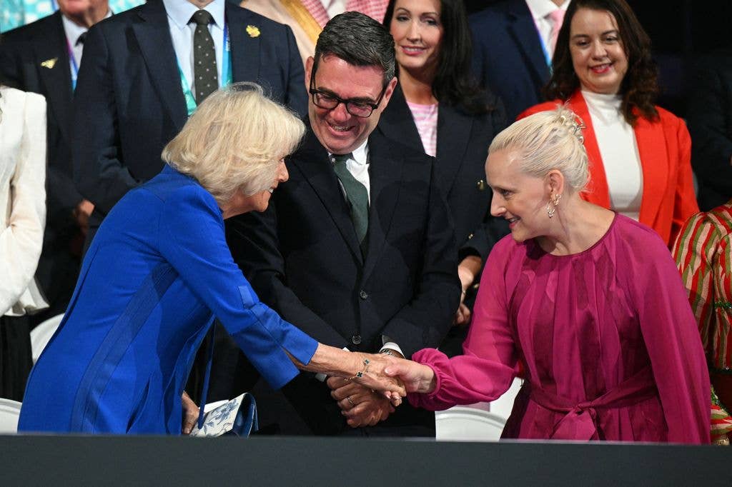 Marie-France van Heel, Queen Camilla, Andy Burnham during the opening ceremony of the 23rd Commonwealth Games 