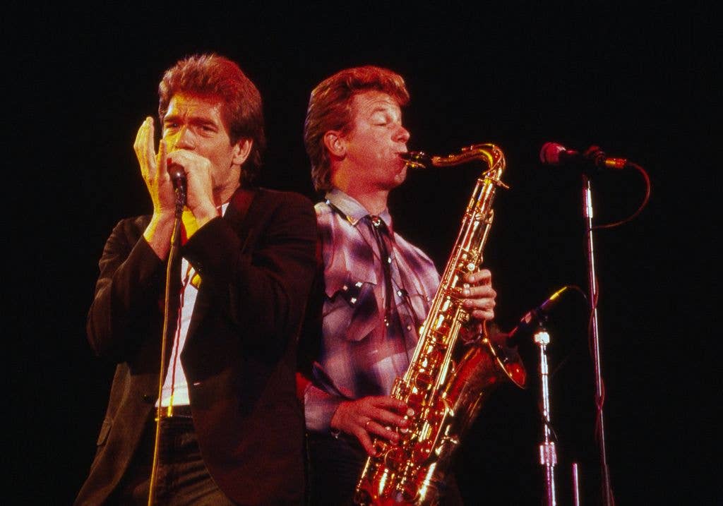 Huey Lewis and The News in concert at the Irvine Meadows Amphitheater, April 24, 1984 in Irvine, California.