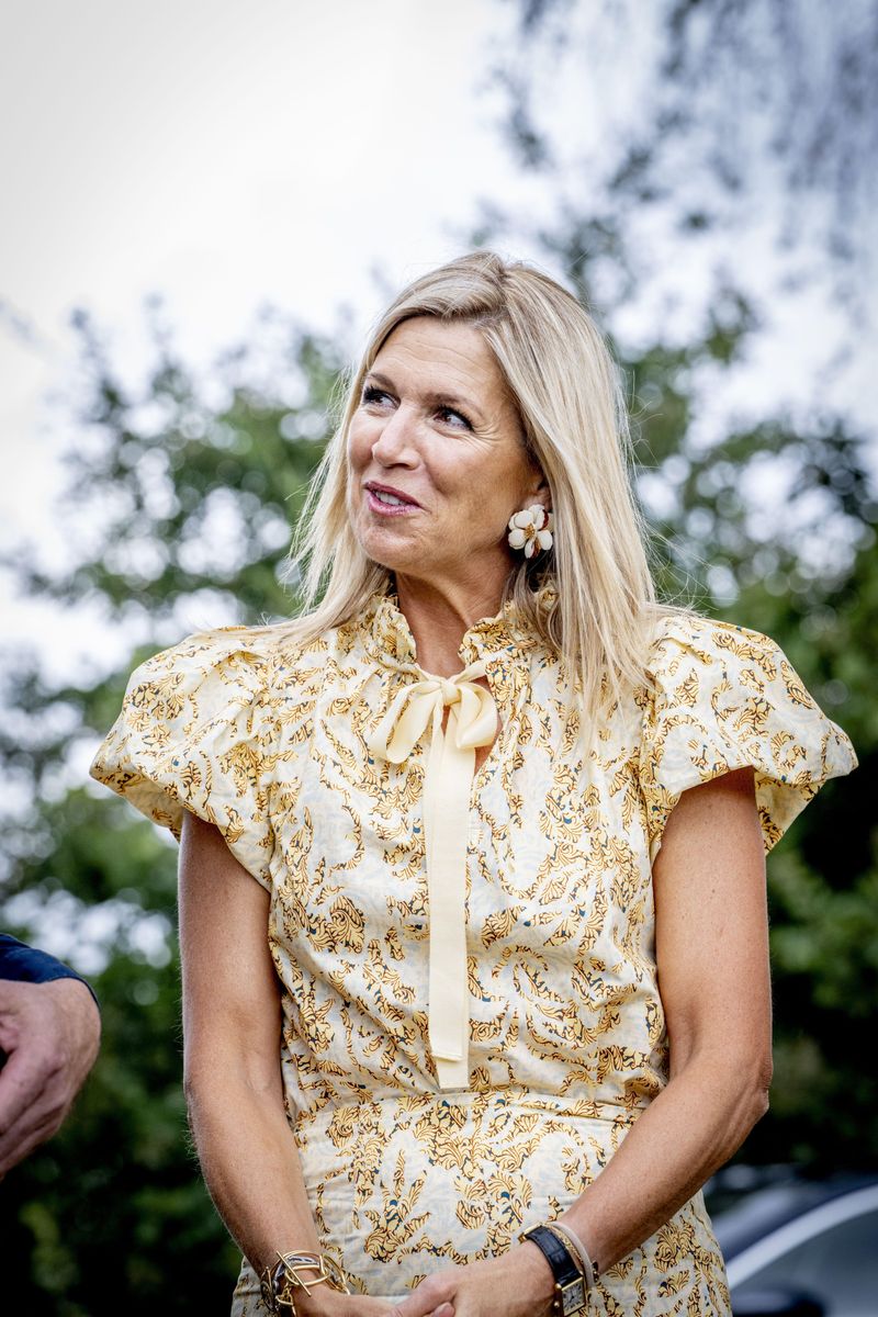 Queen Máxima paired her statement printed look with two-tone ballet flats for the countryside engagement.