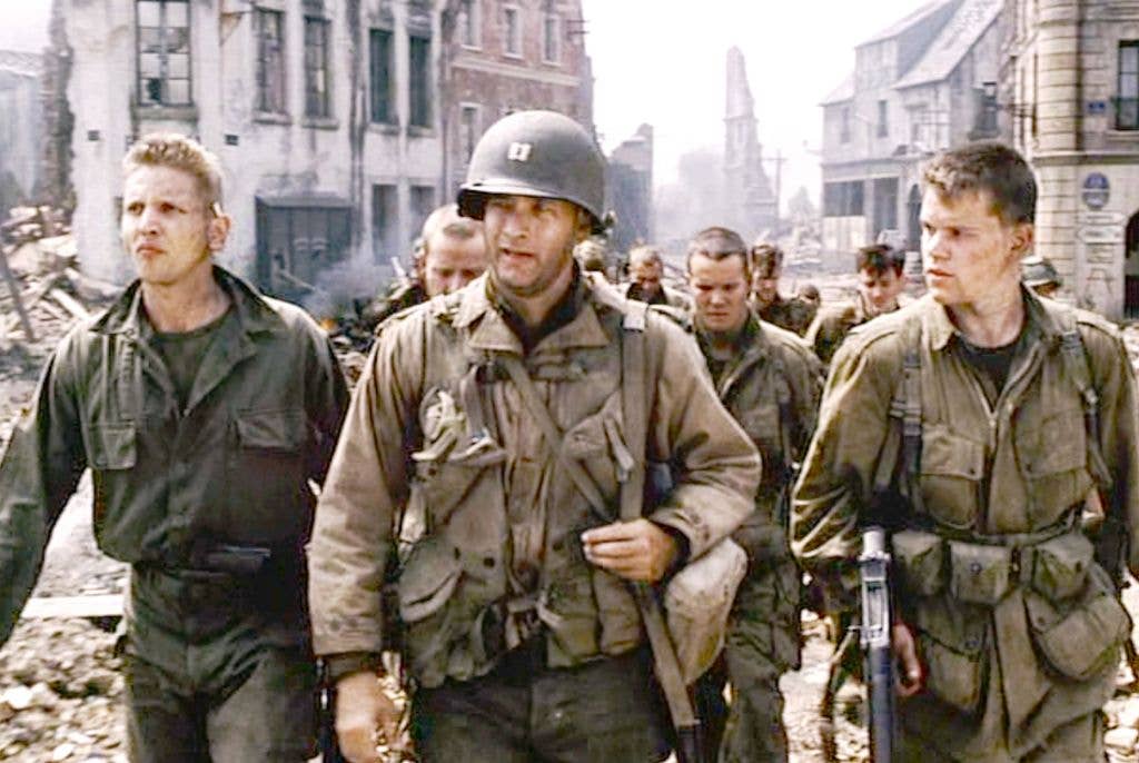Still from 'Saving Private Ryan', released in 1998. Photograph features Tom Hanks, Barry Pepper and Matt Damon.