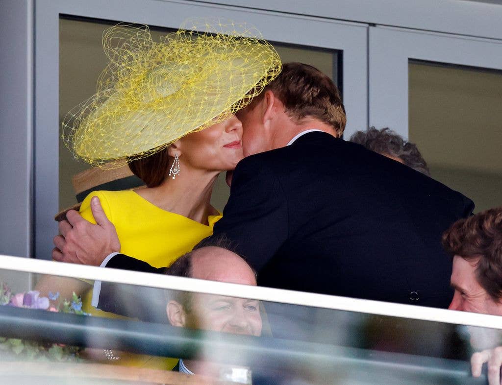 Catherine, Princess of Wales kisses Harry Aubrey-Fletcher as they attend day 2 of Royal Ascot 2026 at Ascot Racecourse