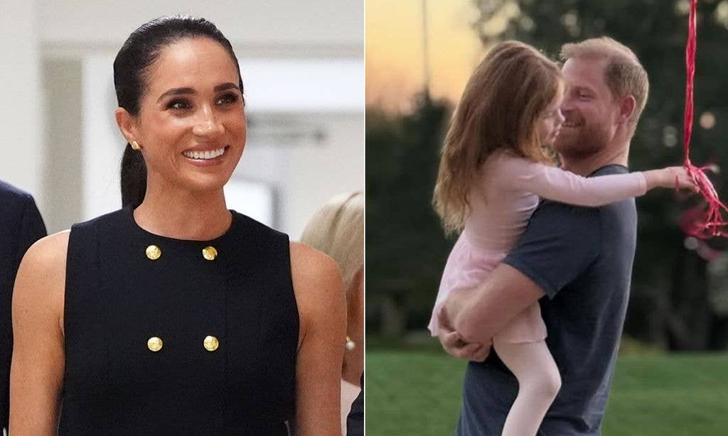 Meghan, Duchess of Sussex in black dress, and Prince Harry holding a young girl.
