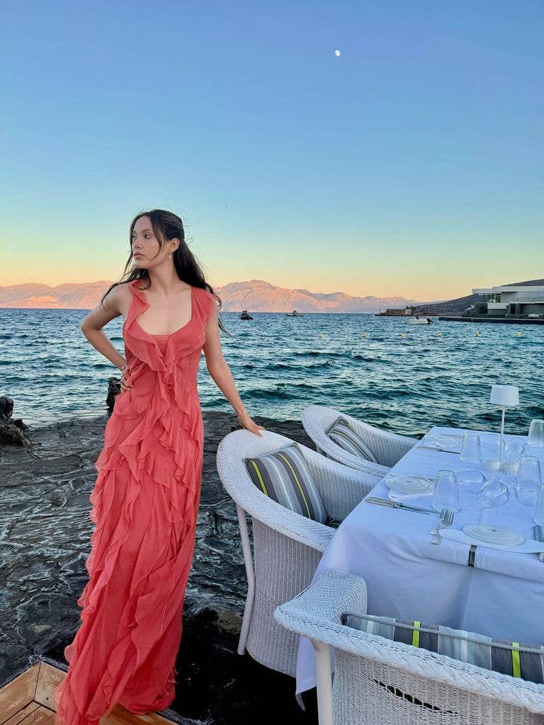 eileen gu coral dress ocean
