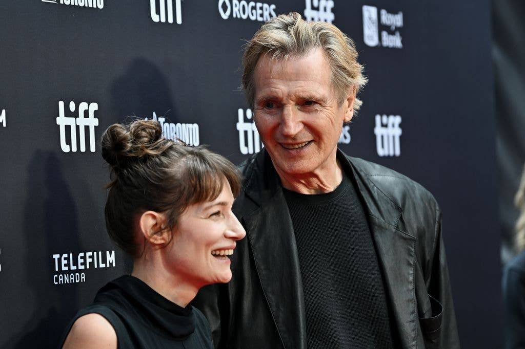 Stella Stocker and Liam Neeson at the "Evil Genius" premiere at the 51st Toronto International Film Festival on September 12, 2026 in Toronto, Ontario.