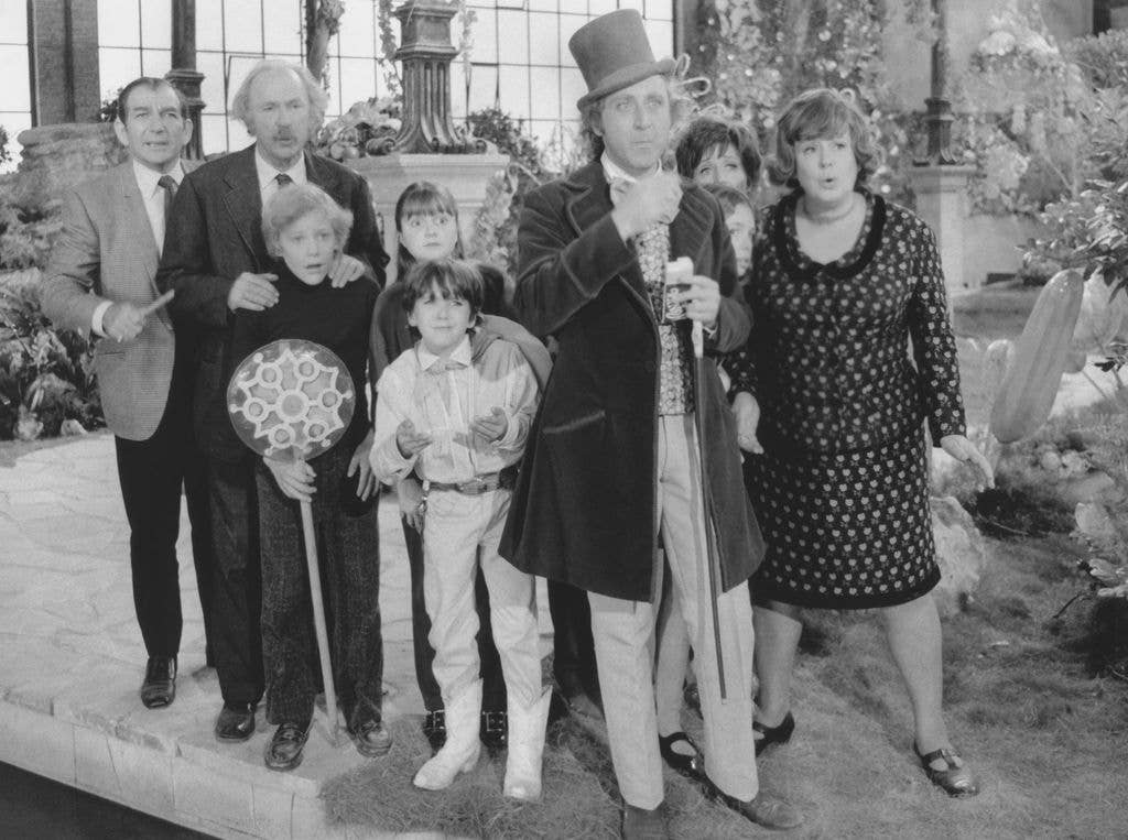 Gene Wilder, Paris Themmen, Jack Albertson, Michael Bollner, Julie Dawn Cole, Roy Kinnear, Denise Nickerson, Peter Ostrum, Ursula Reit and Leonard Stone from 'Willy Wonka and the Chocolate Factory ' 1971.